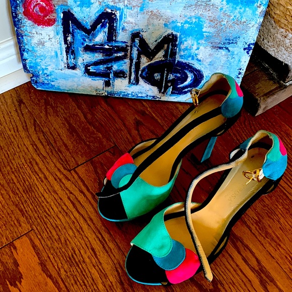 L’Estrosa RARE 38 Handcrafted Italian Suede Patchwork Platform Black Pink Teal - Picture 5 of 13